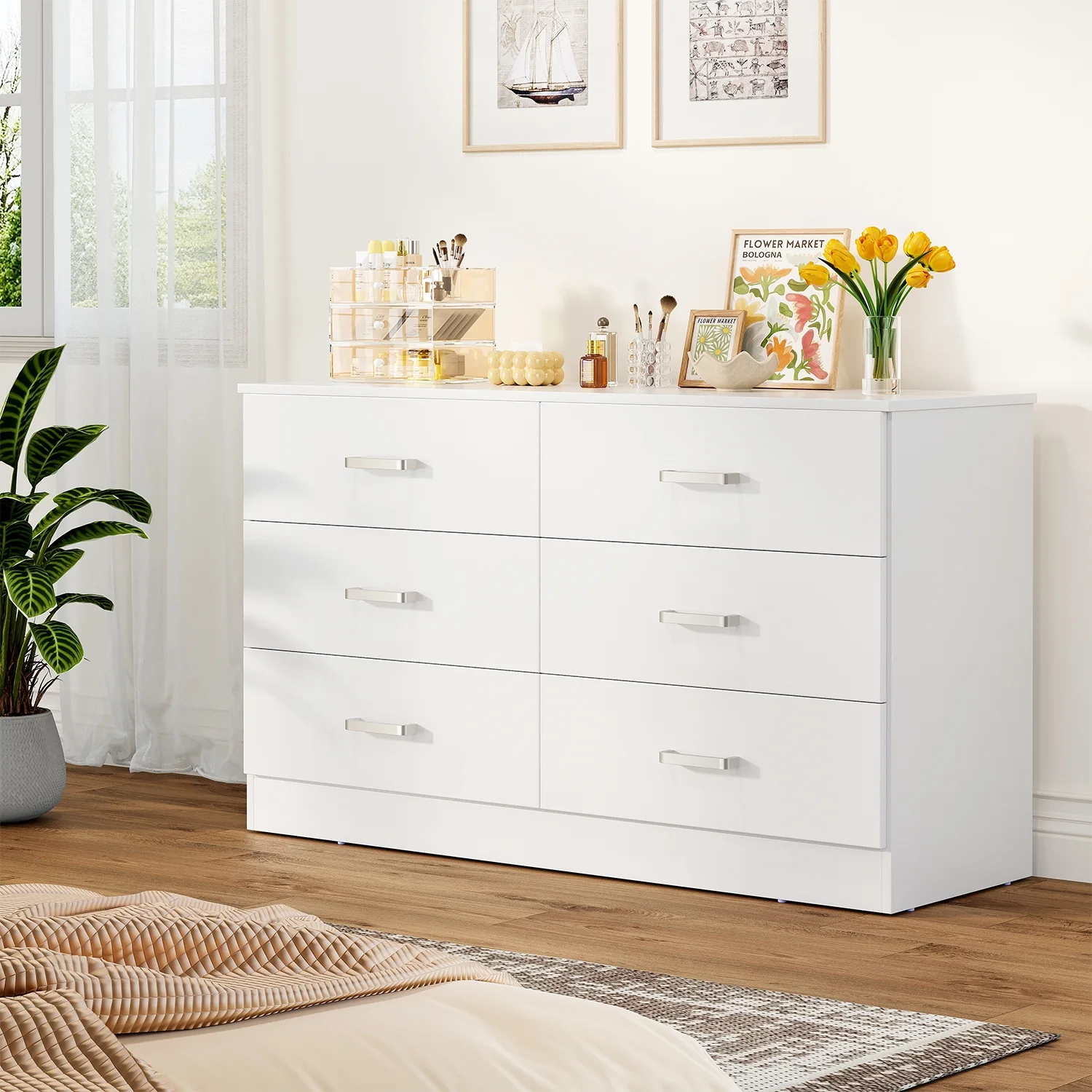 Winkalon 6 Drawer White Double Dresser, Wood Storage Cabinet with Easy Pull Out Handles for Living Room,Chest of Drawers for Bedroom