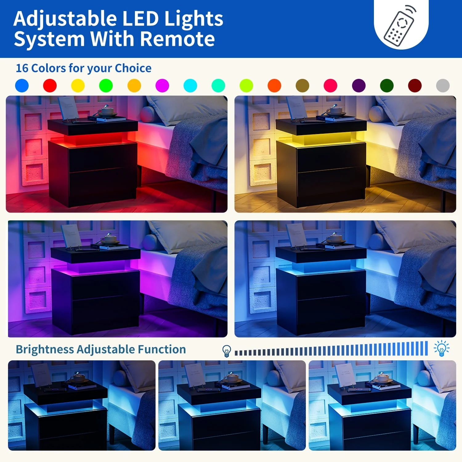 LED Nightstand Set of 2, Modern Bedside Table with 2 Drawers Storage Space, Adjustable Colors LED Light, Black