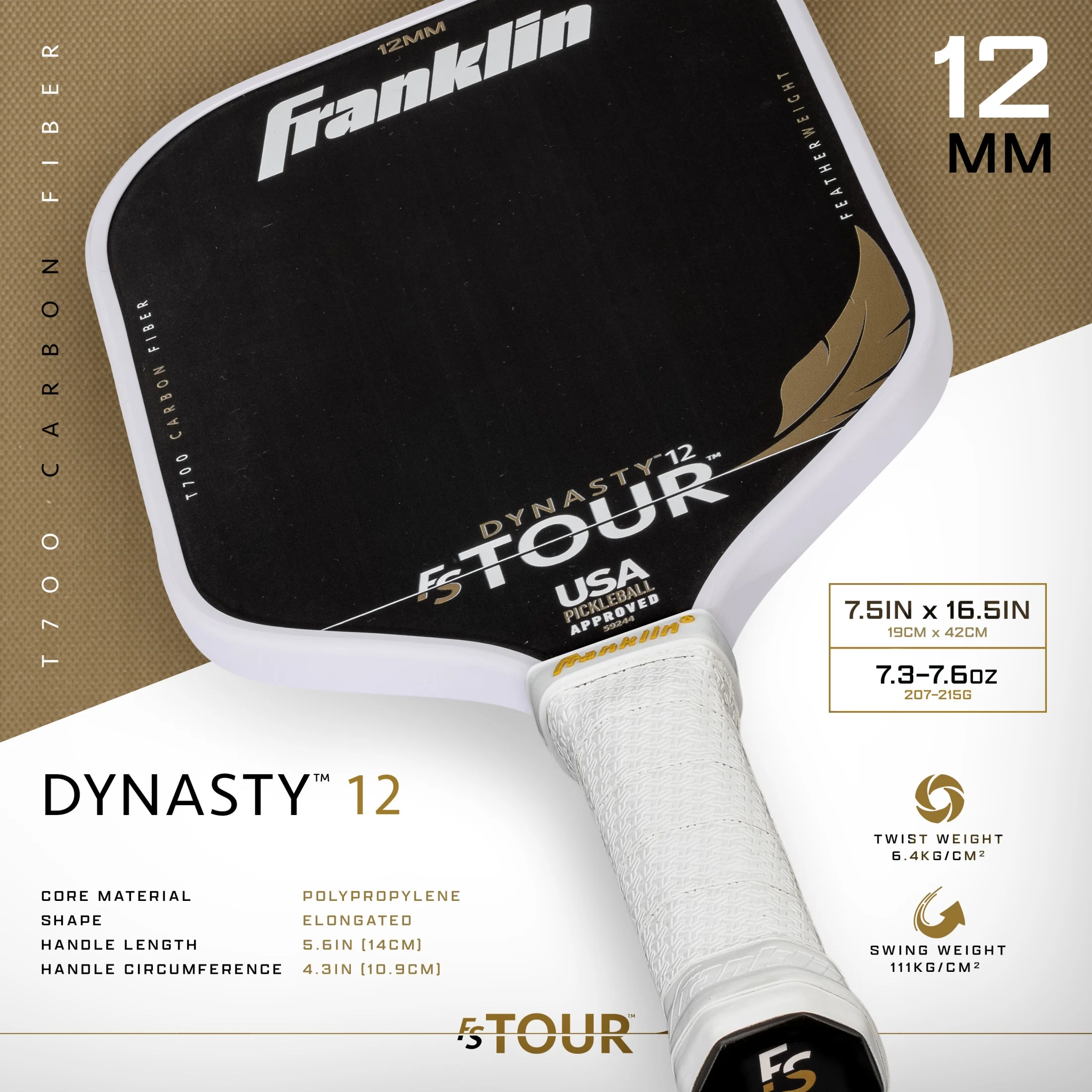 Franklin Sports Pro Pickleball Paddles - FS Tour Featherweight Series Lightweight Paddles - USA Pickleball Approved - Raw Carbon Fiber Surface - Dynasty - 12mm Polymer Core - White