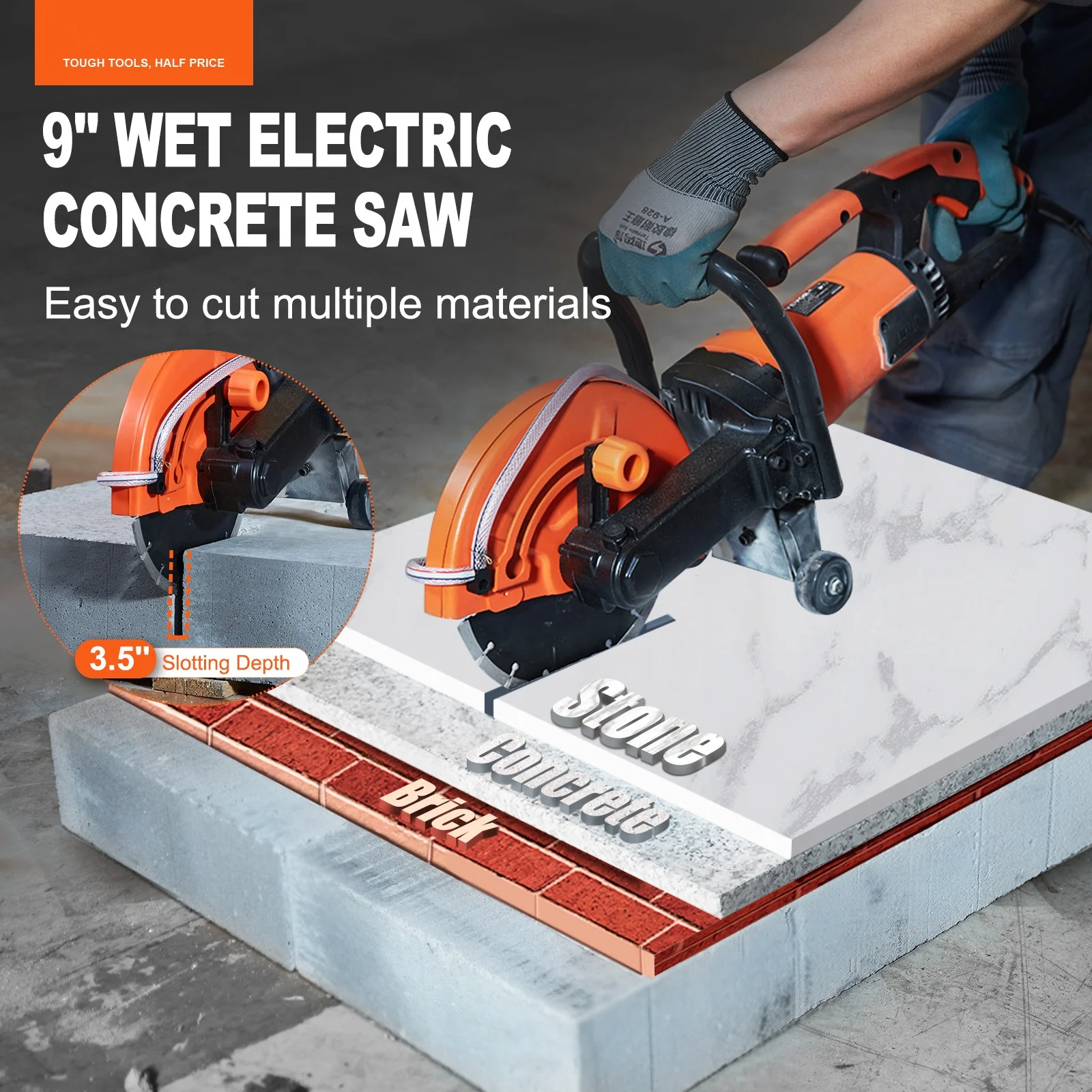BENTISM 9'' Electric Concrete Saw Wet/Dry 4.5 in Cutting Depth Saw Cutter with Water Pump and Blade, Masonry Saw for Granite, Brick, Porcelain, Reinforced Concrete and Other Material