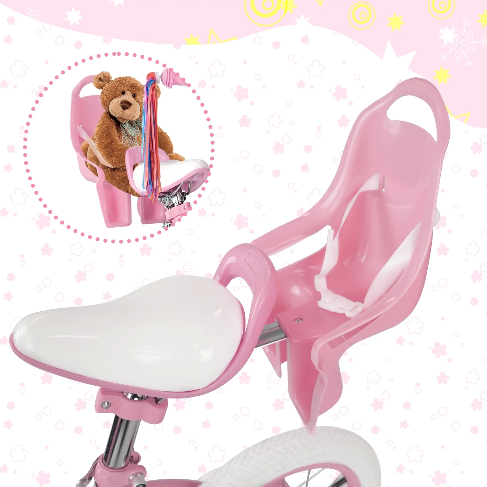 XJD Girls Bike for Toddlers 3-9 Years Old Kids, 14 Inch Kids Bike with Training Wheels, Streamers, Basket and Doll Seat, Children Bicycles with Handbrake