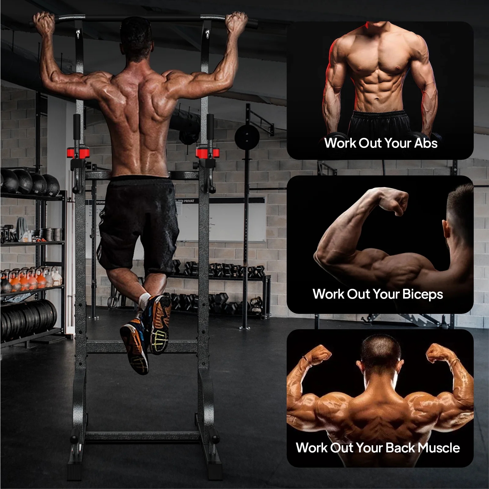 LNOW Multifunction Power Tower Pull up Bar Dip Station Power Rack with Adjustable Backrest for Home Gym Strength Training Workout Equipment Max Weight 480lbs