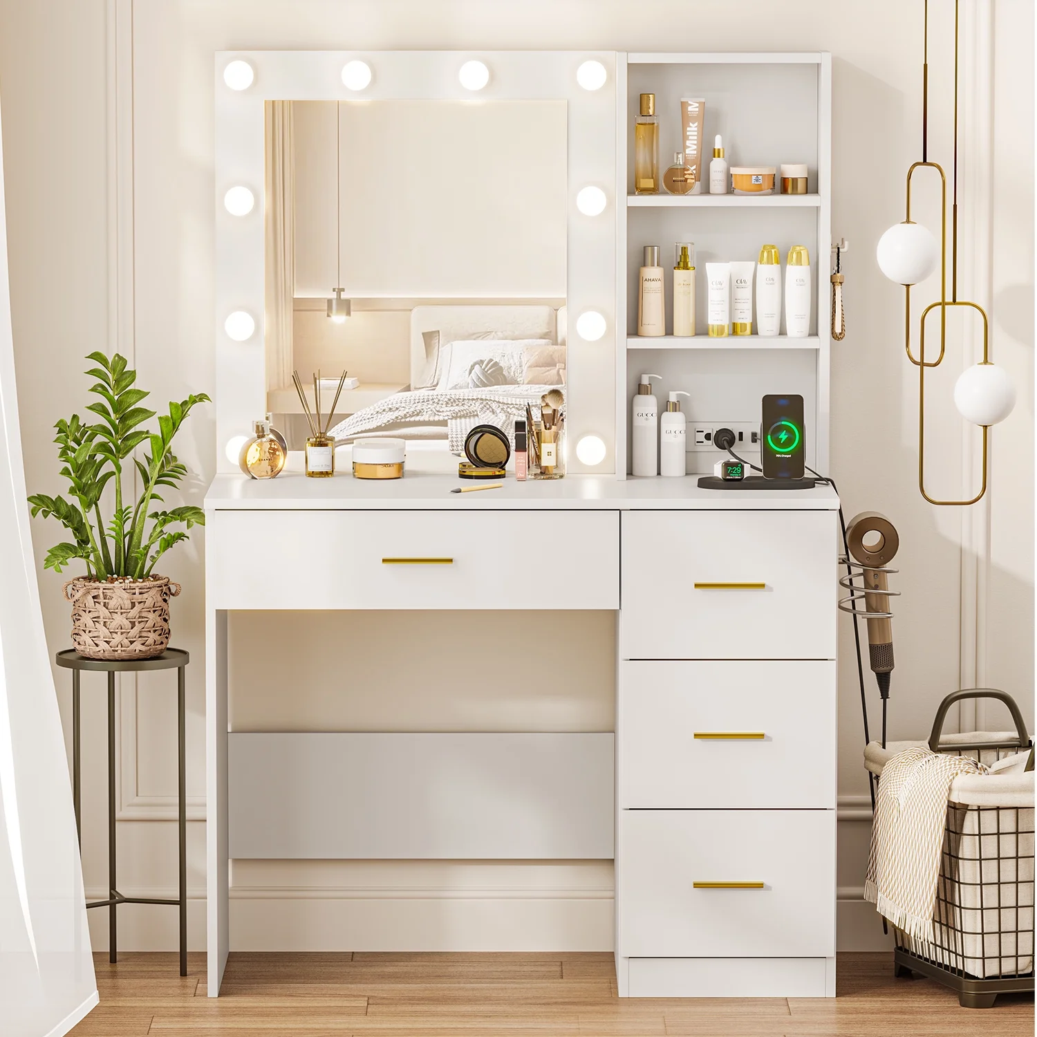 Makeup Vanity with Mirror and 3 Color Lights,Vanity Dressing Table with USB Charging Station,4 Drawers,Open Storage Shelves,White
