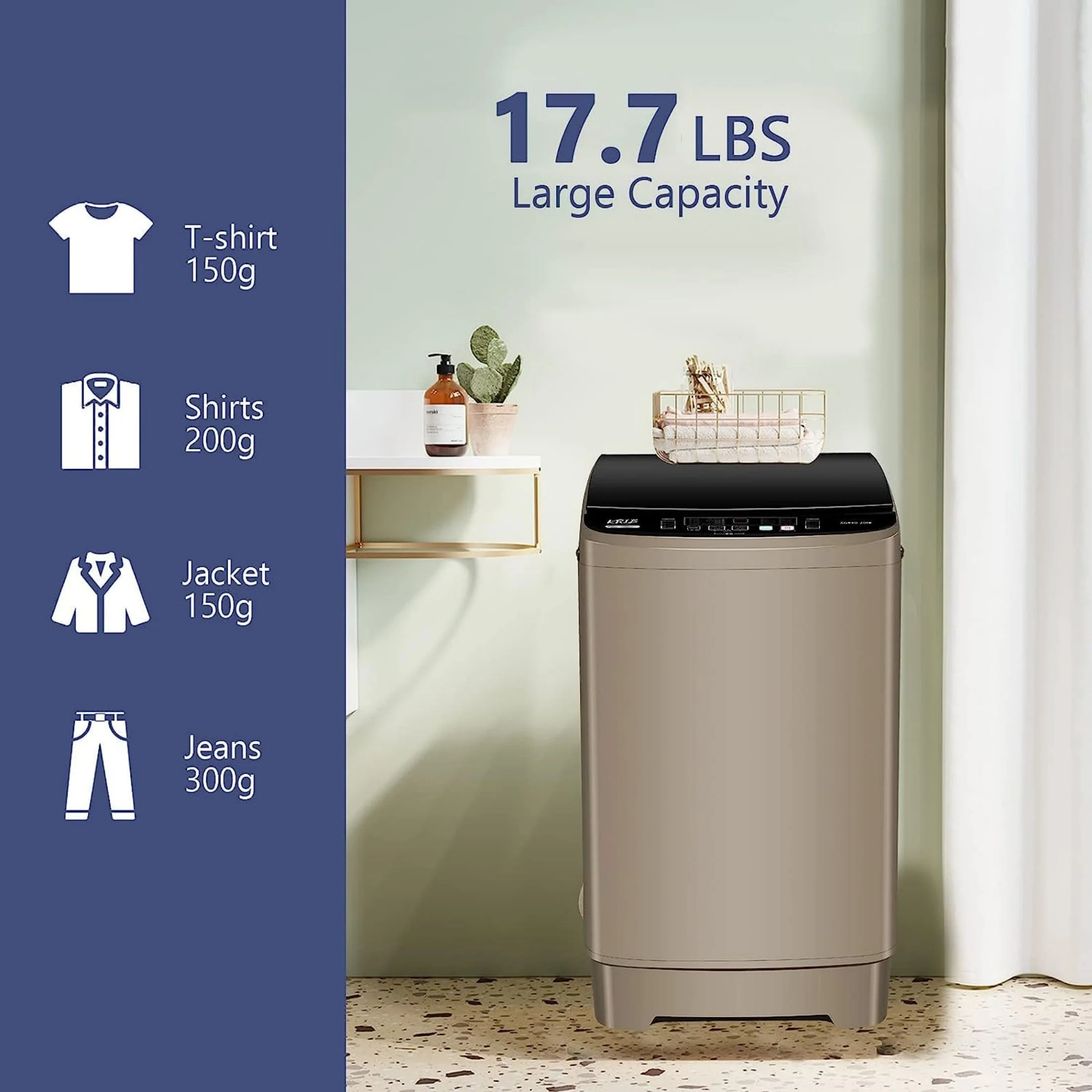 Full-Automatic Washing Machine, Portable Laundry Washer, Compact 17.7 lbs, LED Display, Drain Pump, 10 Wash Programs 8 Water Levels