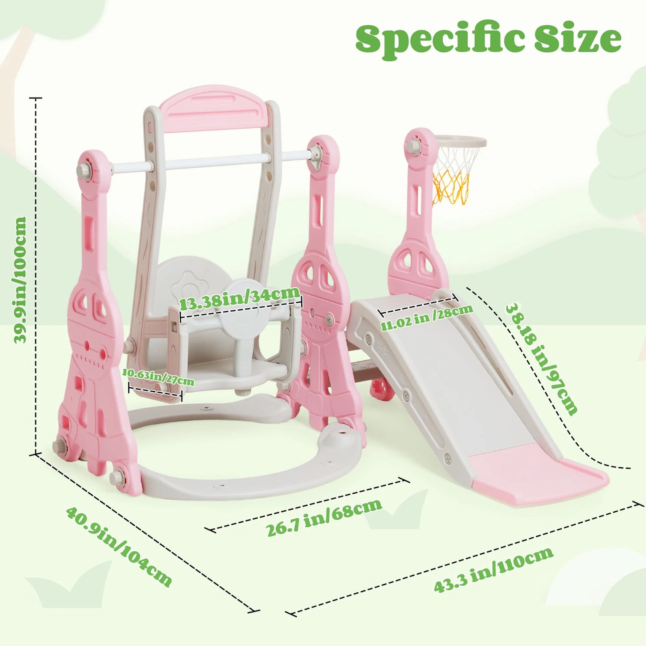 Ealing   4 in 1  Slide and Swing Set for Toddler  Indoor and Outdoor Baby Slide Climber Playset  with Basketball Hoop &  Backyard Playground Swing Slide for Boys and Girl Slide length: 11.02' L Pink