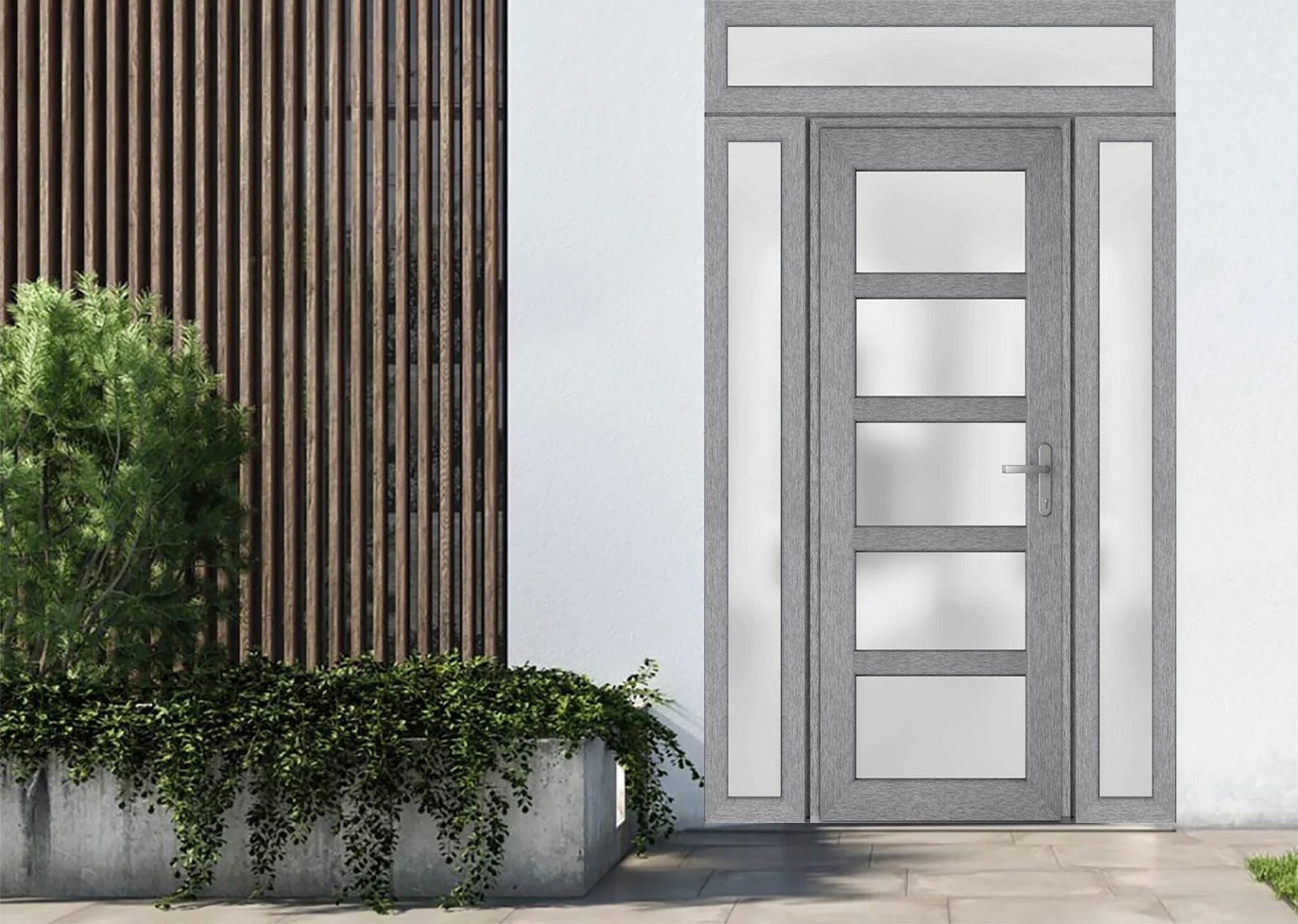 Front Exterior Prehung Metal-Plastic Door Frosted Glass / Manux 8002 Grey Ash / 2 Side and Top Window / Office Commercial and Residential Doors Entrance Patio Garage 60