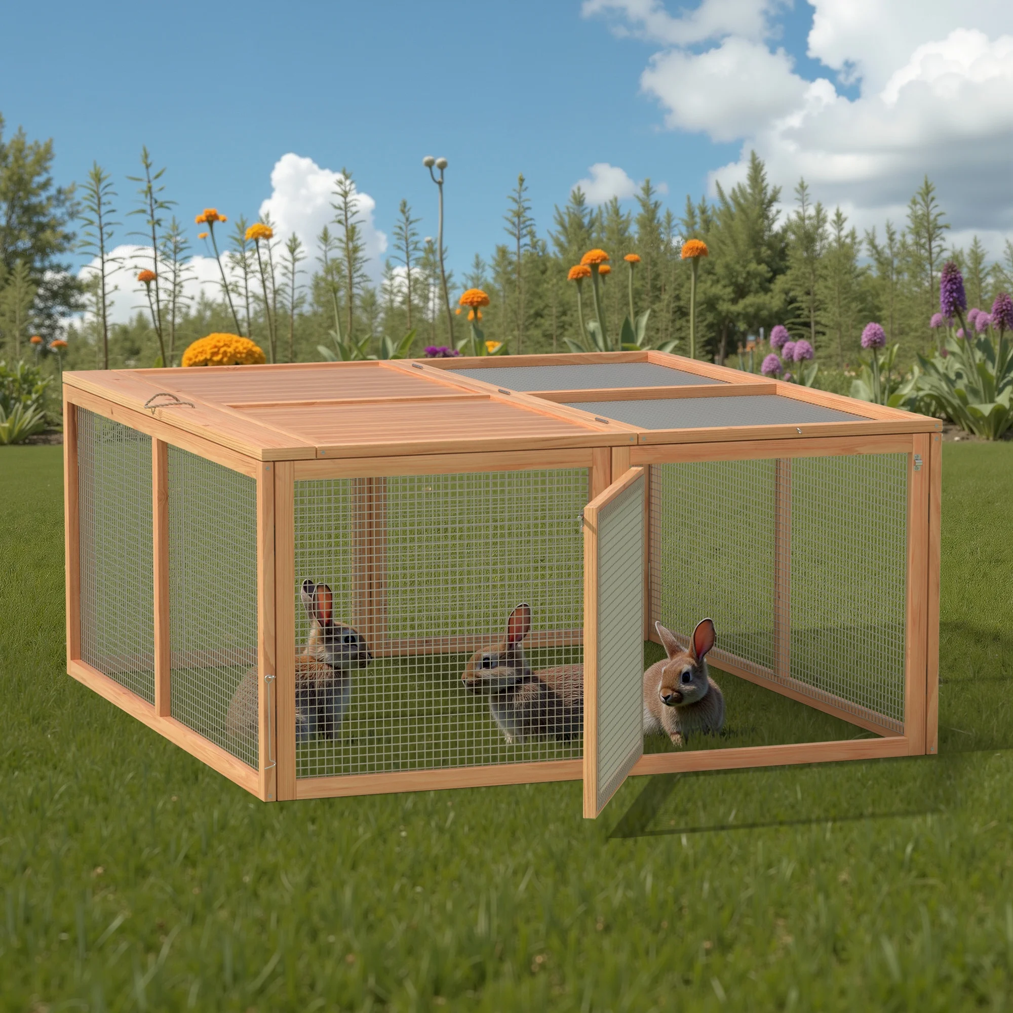 Portable Chicken Coop Run Rabbit Hutch Outdoor Small Animal Cage House Wooden Poultry Enclosure for Bunny, Duck, Chick, Quail, No Assembly Required