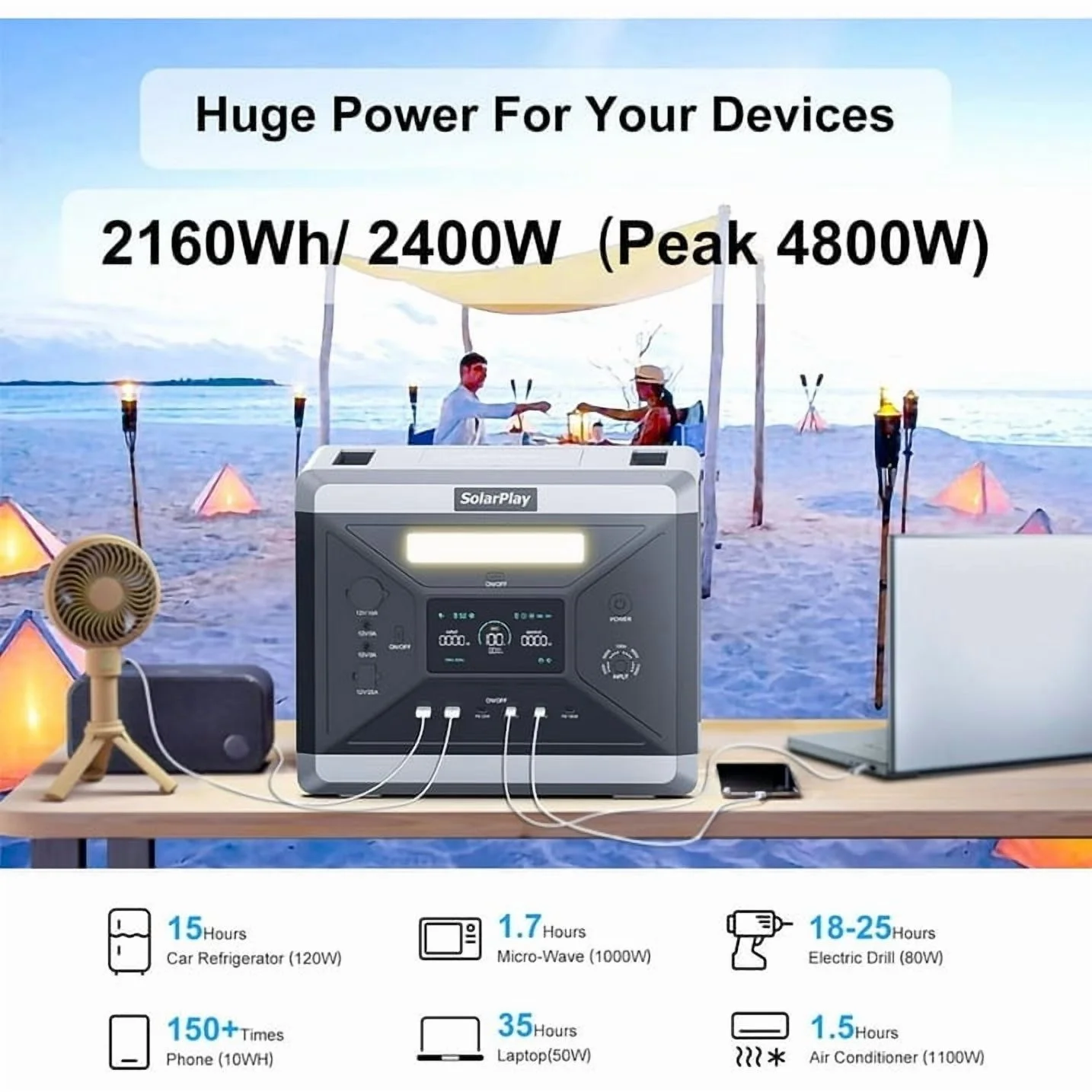Solarplay 2400W(4800W Peak) Solar Generator, with 400W Solar Panel,2160Wh Portable LiFePO4 Battery Power Station for Camping Home Backup RV