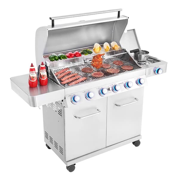6-Burner Propane Gas Grill in Stainless with LED Controls, Side Burner and Rotisserie Kit