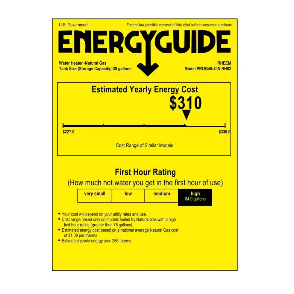 Rheem Professional Classic Atmospheric Series 40 Gallon Capacity 40,000 BTU Heating Input Tall Gas Water Heater