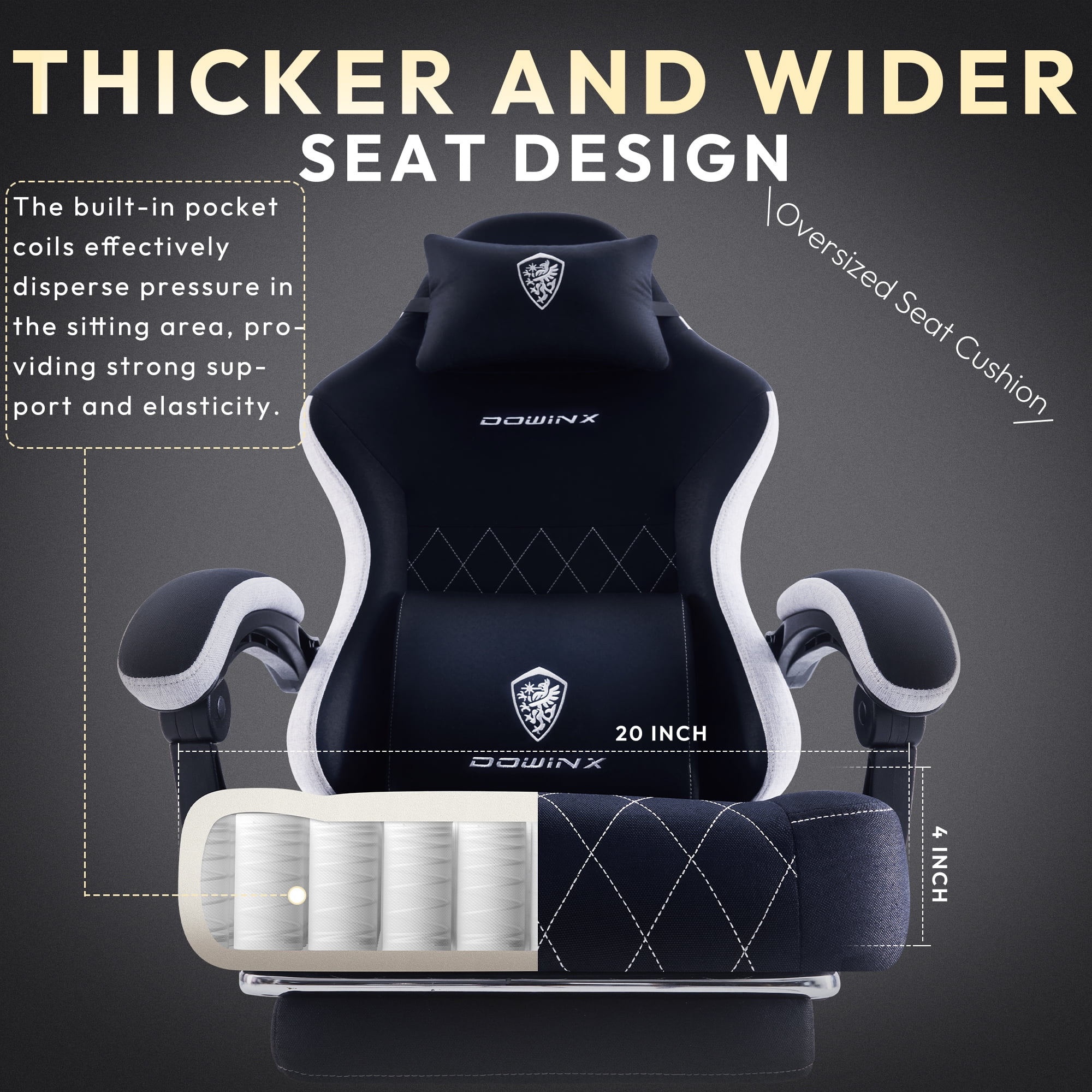 Dowinx Fabric Gaming Chair with Massage Lumbar Support, High Back Ergonomic Computer Chair with Footrest for Adult, Black