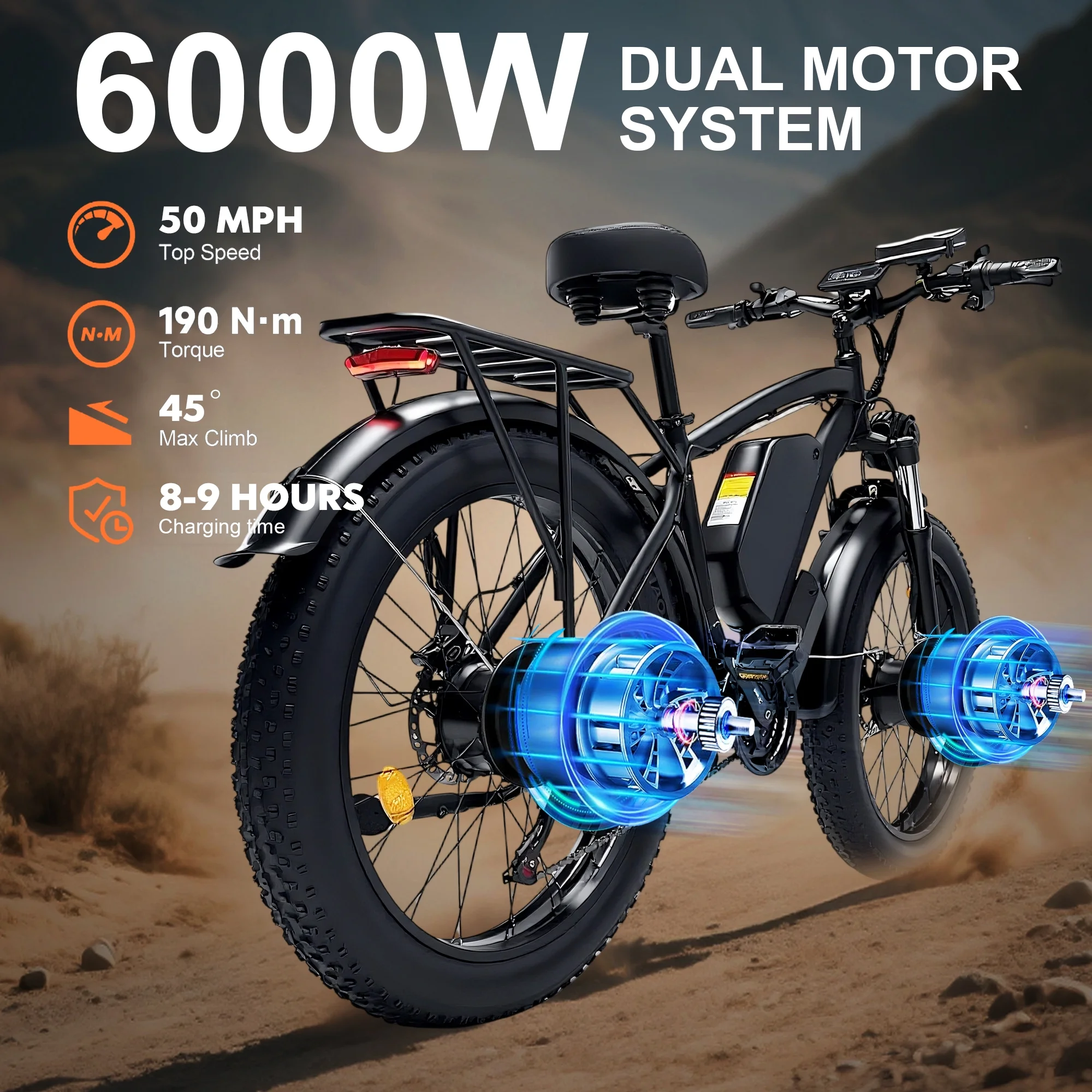 Electric Fat Tire Bike for Adults, 6000W Dual Motor Ebike, Max 50MPH 26