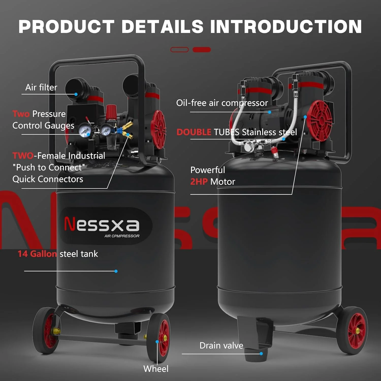 14-Gallon ultra-quiet air compressor 70dB, 2HP horsepower, 8.75CFM flow, maximum 116PSI pressure, oil-free design, 110V voltage, suitable for car repair, painting, and carpentry nailing operations