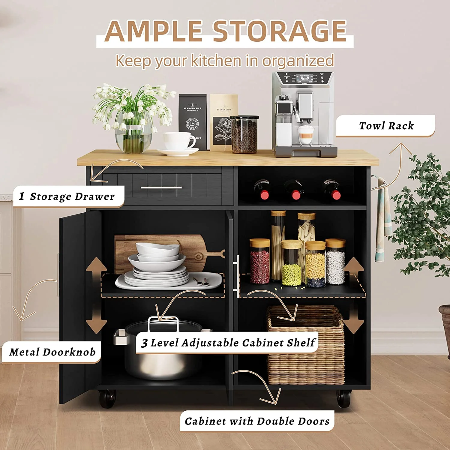 Sobaniilo Kitchen Island Cart with Storage, Rolling Side Table with Large Worktop, Towel Rack, Black